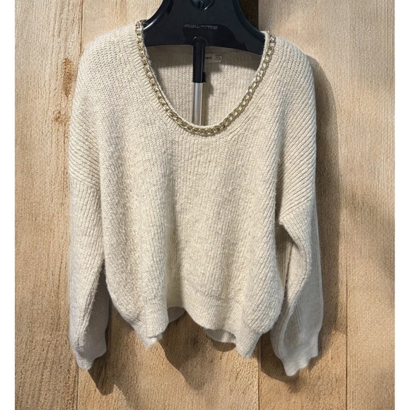 MNG Gold Necklace Chain Accent Cream Mango Sweater - Holiday - Party - Sz XL - Picture 1 of 10